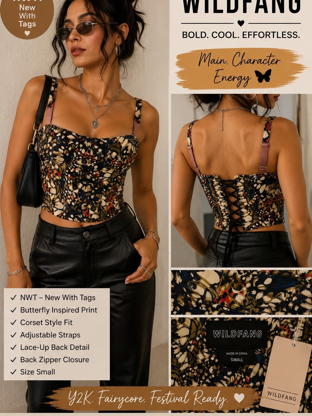 Wildfang Floral Corset Crop Top in Black and Cream